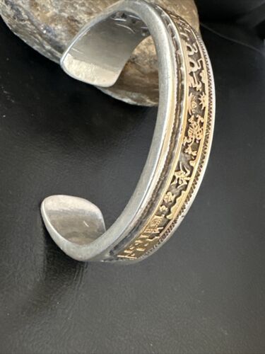 Navajo Sterling Silver Cuff Bracelet | 12K Gold Pueblo Stamped by V Hicks | Authentic Native American Handmade | 15989