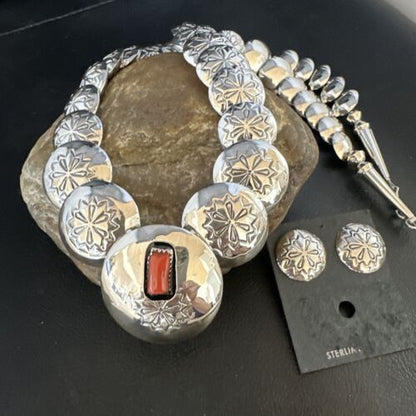 Navajo Red Coral Graduated Necklace | Sterling Silver Pillow Stamped | 18" | Authentic Native American Handmade | 15129