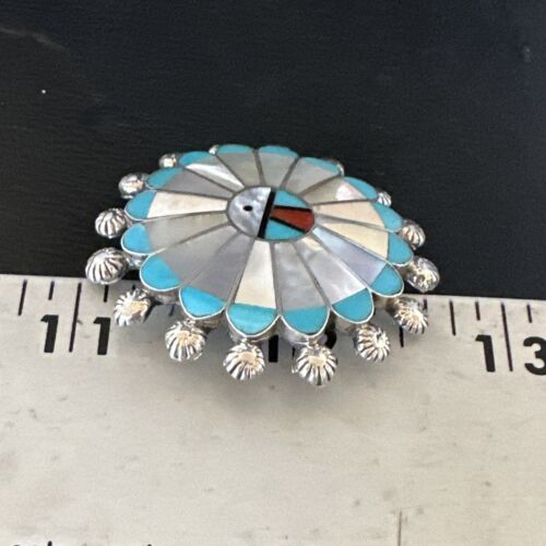Zuni Sunface Inlay Turquoise Mother of Pearl Pin Pendant | Sterling Silver | Authentic Native American Handmade | 15208