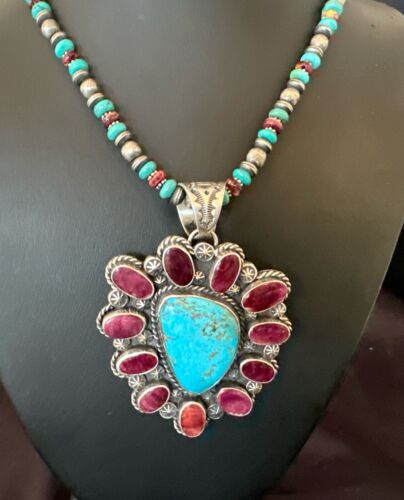 Navajo XL Turquoise Purple Spiny Cluster Pendant Necklace | Sterling Silver | Native American Handmade | 17427