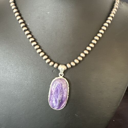 Navajo Purple Charoite Pendant with Pearls | Sterling Silver Necklace | Authentic Native American Handmade | 17313