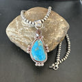 Navajo Blue Kingman Turquoise Wild Horse Pendant Necklace | Sterling Silver | Authentic Native American Handmade | 17223