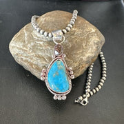 Navajo Blue Kingman Turquoise Wild Horse Pendant Necklace | Sterling Silver | Authentic Native American Handmade | 17223