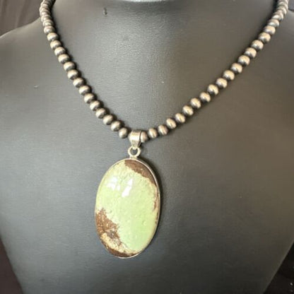 Navajo Green Gaspeite Pendant Necklace | Sterling Silver | Authentic Native American Handmade | 15486