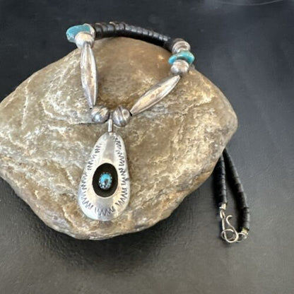 Navajo Blue Turquoise Black Onyx Shadowbox Pendant | Sterling Silver Necklace | 16" | 17542