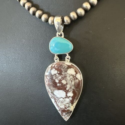 Navajo Wild Horse | Blue Kingman Turquoise Necklace | Sterling Silver | Authentic Native American Handmade | 17304