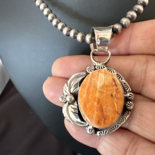 Women's Orange Spiny Oyster Pendant | Navajo Pearls Sterling Silver Necklace 21" | 16555