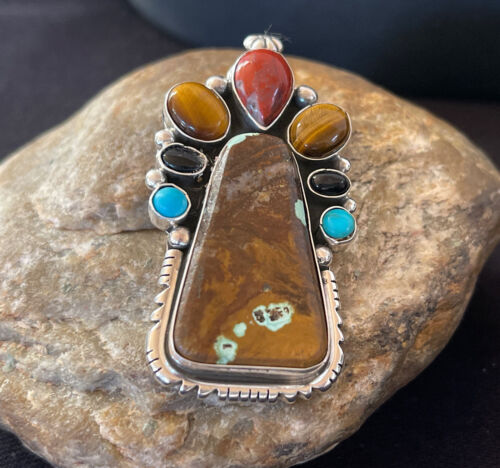 Navajo Sterling Silver Pendant | Turquoise #8, Onyx, Tigers Eye | Authentic Native American Handmade | 16835
