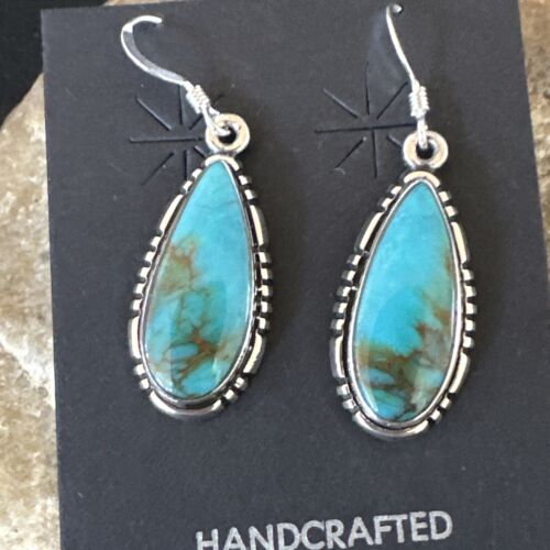 Navajo Blue Turquoise Dangle Earrings | Sterling Silver | Authentic Native American Handmade | 16505