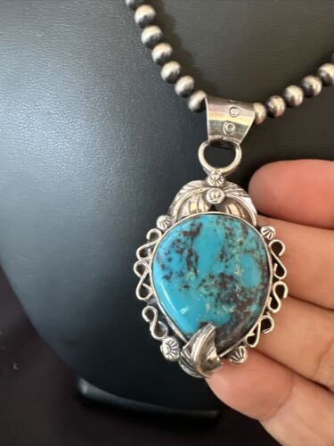 Navajo Blue Turquoise Pendant Necklace | Sterling Silver Pearls | Authentic Native American Handmade | 15639