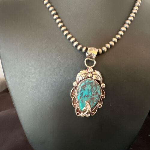 Navajo Blue Turquoise Pendant Necklace | Sterling Silver Pearls | Authentic Native American Handmade | 15643