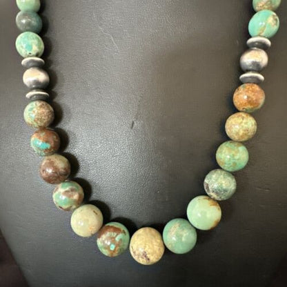 Navajo Green Turquoise Bead Necklace | Sterling Silver | Graduated | Authentic Native American | 18" | 17402