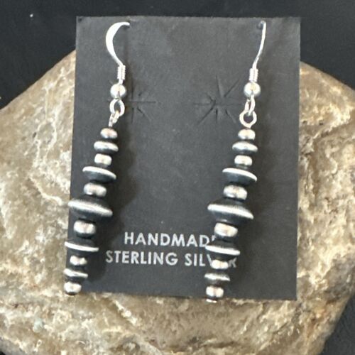 Navajo Pearls Sterling Silver Dangle Saucer Bead Earrings | 1.5" | Authentic Native American Handmade