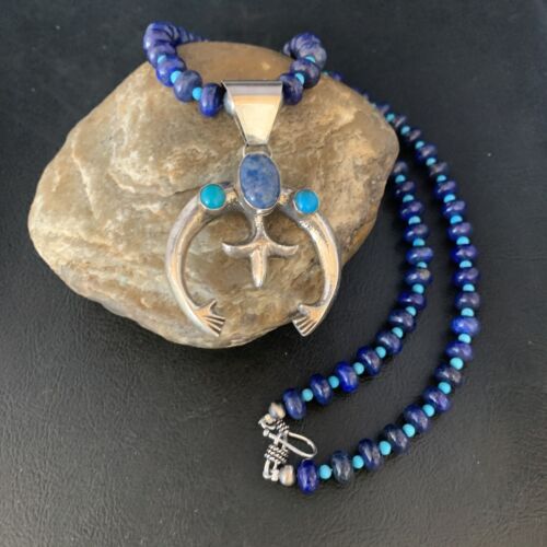 Navajo Sterling Silver Blue Denim Lapis Turquoise Pendant Necklace | Naja | Authentic Native American Handmade | 13705