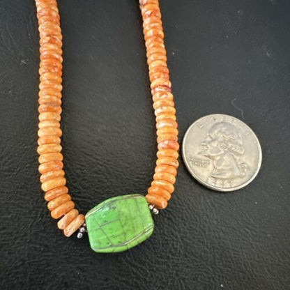 Navajo Green Turquoise & Orange Spiny Oyster Pendant | Sterling Silver | Authentic Native American Handmade | 17484