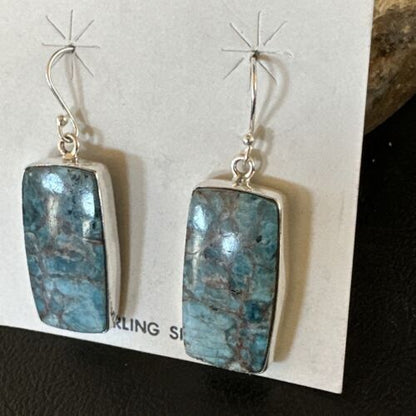 Navajo Blue Turquoise Dangle Earrings | Sterling Silver | Authentic Native American Handmade | 15437