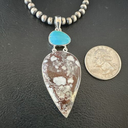 Navajo Wild Horse | Blue Kingman Turquoise Necklace | Sterling Silver | Authentic Native American Handmade | 17304