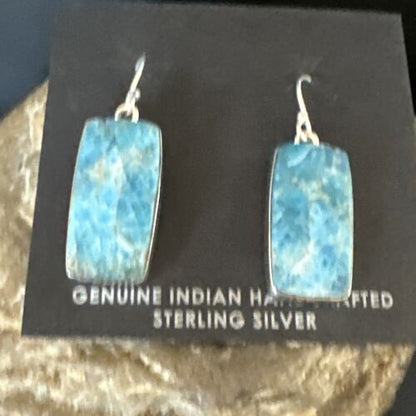 Navajo Blue Turquoise Dangle Earrings | Sterling Silver | Authentic Native American Handmade | 15431