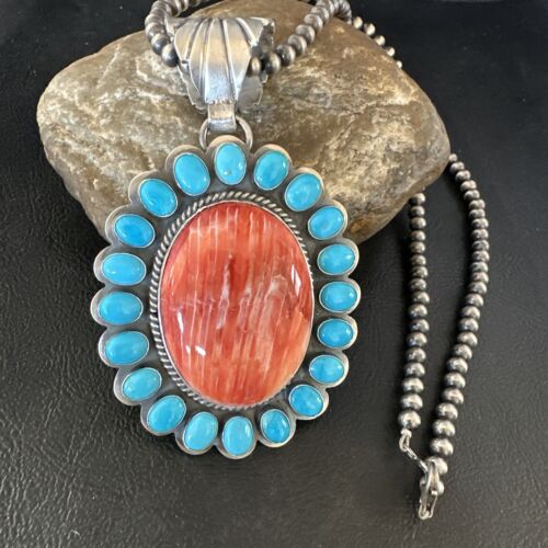 Navajo Kingman Turquoise & Red Spiny Oyster Pendant | Sterling Silver | Authentic Native American Handmade | 15449