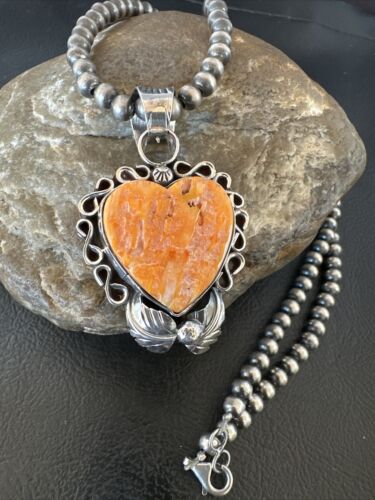 Navajo Orange Spiny Oyster Heart Pendant Necklace | Sterling Silver | Authentic Native American Handmade | 16417