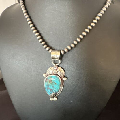 Navajo Blue Turquoise Pendant Necklace | Sterling Silver Pearls | Authentic Native American Handmade | 15647