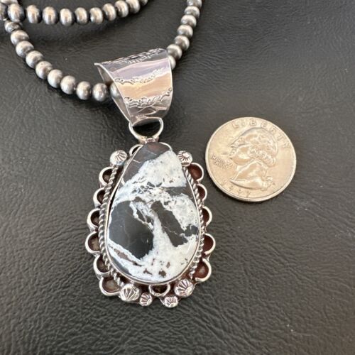Men's White Buffalo Turquoise Pendant | Navajo Pearl Sterling Silver Necklace 21" | Handmade 17039