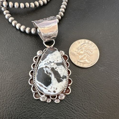Men's White Buffalo Turquoise Pendant | Navajo Pearl Sterling Silver Necklace 21" | Handmade 17039