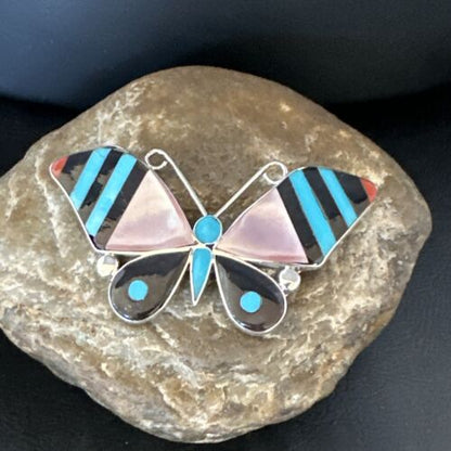 Zuni Butterfly Turquoise Mother of Pearl Onyx Inlay Pin Pendant | Sterling Silver | 15151
