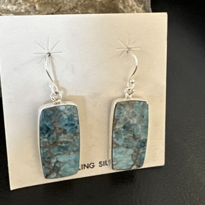 Navajo Blue Turquoise Dangle Earrings | Sterling Silver | Authentic Native American Handmade | 15437
