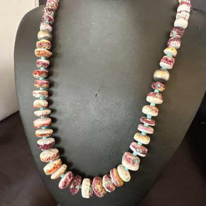 Navajo Blue Turquoise & Purple Spiny Oyster Bead Necklace | Sterling Silver | 21" | Authentic Native American | 17505