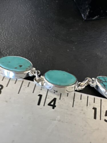 Navajo Blue Turquoise Link Bracelet | Sterling Silver | 8" | Authentic Native American Handmade | 15466