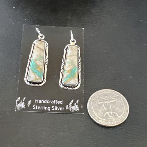 Navajo Blue Boulder Turquoise Dangle Earrings | Sterling Silver | Authentic Native American Handmade | 16496