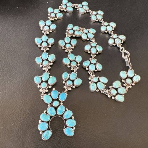 Rare Sleeping Beauty Kingman Turquoise Squash Blossom Necklace | Sterling Silver | 16269