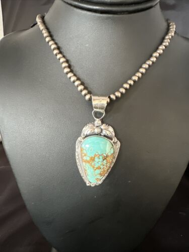 Navajo Pearls Sterling Silver Necklace with Blue Turquoise #8 Pendant | Authentic Native American Handmade | 14857
