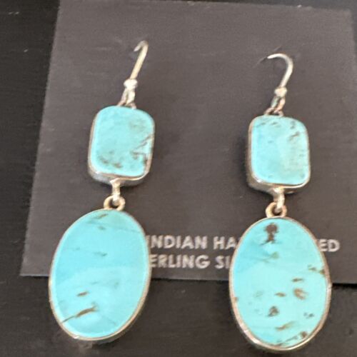 Navajo Blue Kingman Turquoise Dangle Earrings | Sterling Silver | Authentic Native American Handmade | 15117