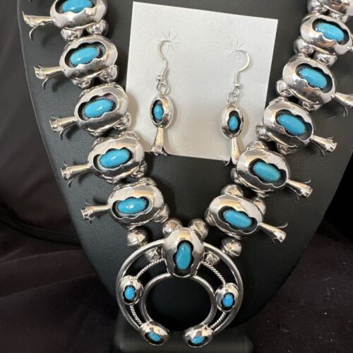 Navajo Turquoise Shadowbox Squash Blossom Necklace & Earrings | Sterling Silver | 16542