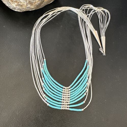 Navajo Blue Turquoise 10-Strand Heishi Necklace | Sterling Liquid Silver Tubes | 22" | 16448