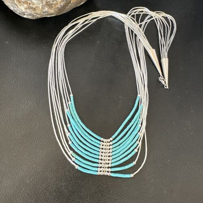 Navajo Blue Turquoise 10-Strand Heishi Necklace | Sterling Liquid Silver Tubes | 22" | 16448