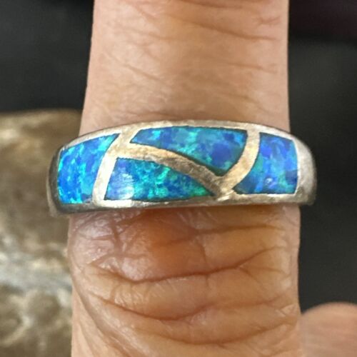 Navajo Blue Opal Inlay Ring | Sterling Silver | Sz 8 | Authentic Native American Handmade | 17155