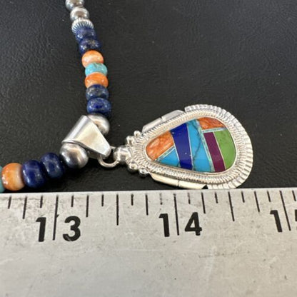 Navajo Lapis Spiny Oyster Turquoise Inlay Pendant Necklace | Sterling Silver | 21" | Authentic Native American Handmade | 16628