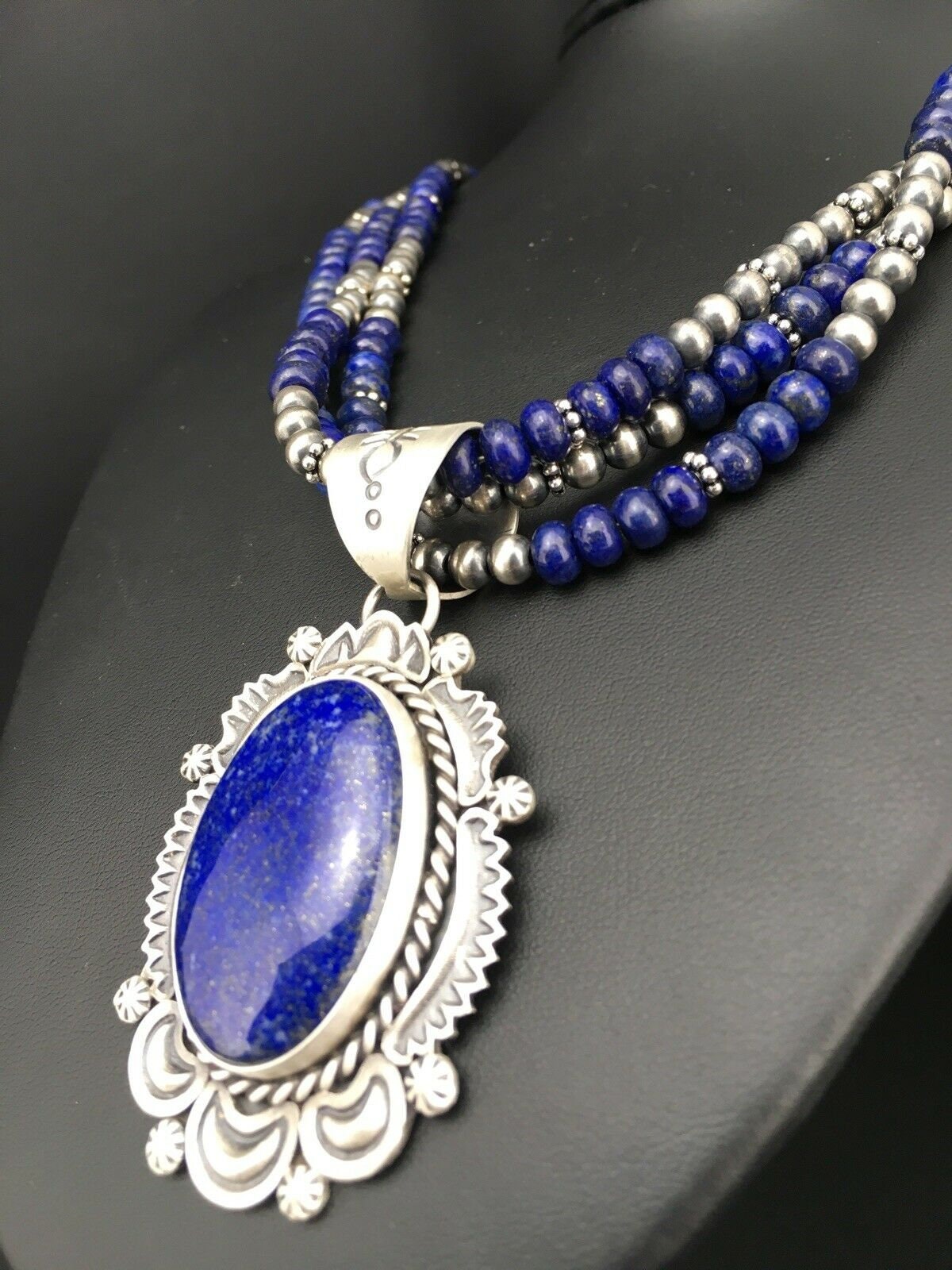 Navajo Lapis Lazuli Multi-Strand Necklace Pendant | Sterling Silver | Authentic Native American Handmade | 1273