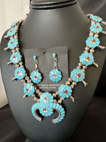 Zuni Turquoise Squash Blossom Necklace with Naja Earrings | Sterling Silver | Native American Handmade | 16167