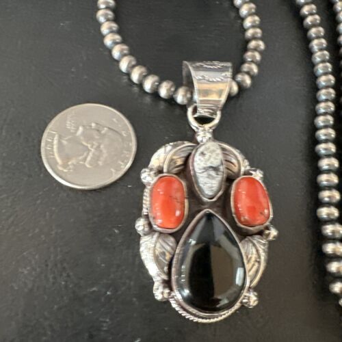 Navajo White Buffalo Coral Onyx Pearls Cluster Pendant | Sterling Silver | Native American Handmade | 15369