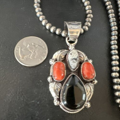 Navajo White Buffalo Coral Onyx Pearls Cluster Pendant | Sterling Silver | Native American Handmade | 15369