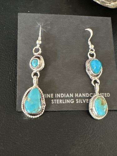 Kingman Turquoise Dangle Earrings | Navajo Handmade | Sterling Silver | Authentic Native American | 14867