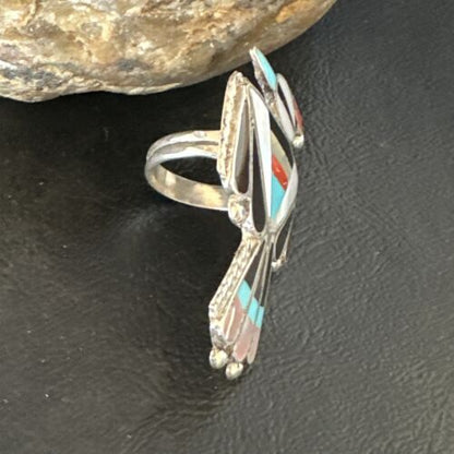 Zuni Turquoise Onyx Peyote Bird Inlay Ring | Sterling Silver | Sz 7 | Authentic Native American Handmade | 15390