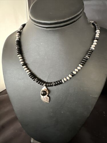 Navajo Black Onyx Pendant | Pearl Sterling Silver Necklace | Authentic Native American Handmade | 14899
