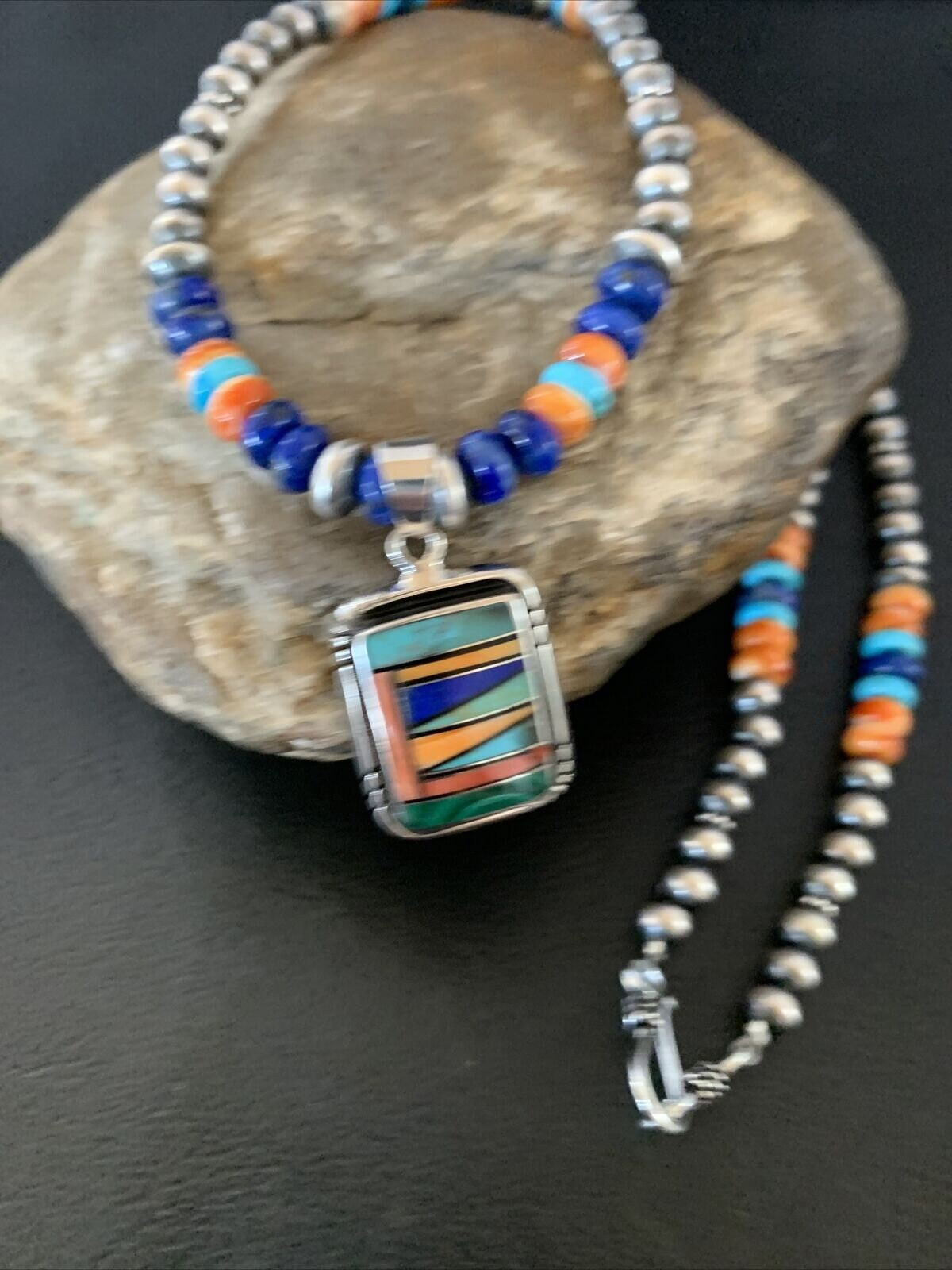 Navajo Native American Multicolor Turquoise Spiny Inlay Pendant Necklace | Sterling Silver | 10335