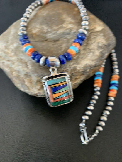 Navajo Native American Multicolor Turquoise Spiny Inlay Pendant Necklace | Sterling Silver | 10335
