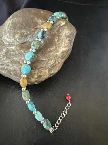 Women's Blue Turquoise Bead Bracelet | Southwestern Sterling Silver Link | 8" | 17570
